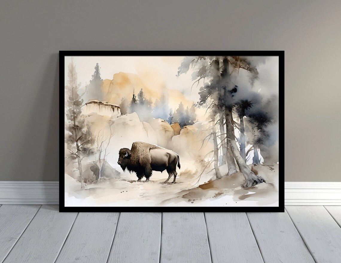 American Bison Misty Forest Wildlife Watercolor Nature Art Poster - Image 2