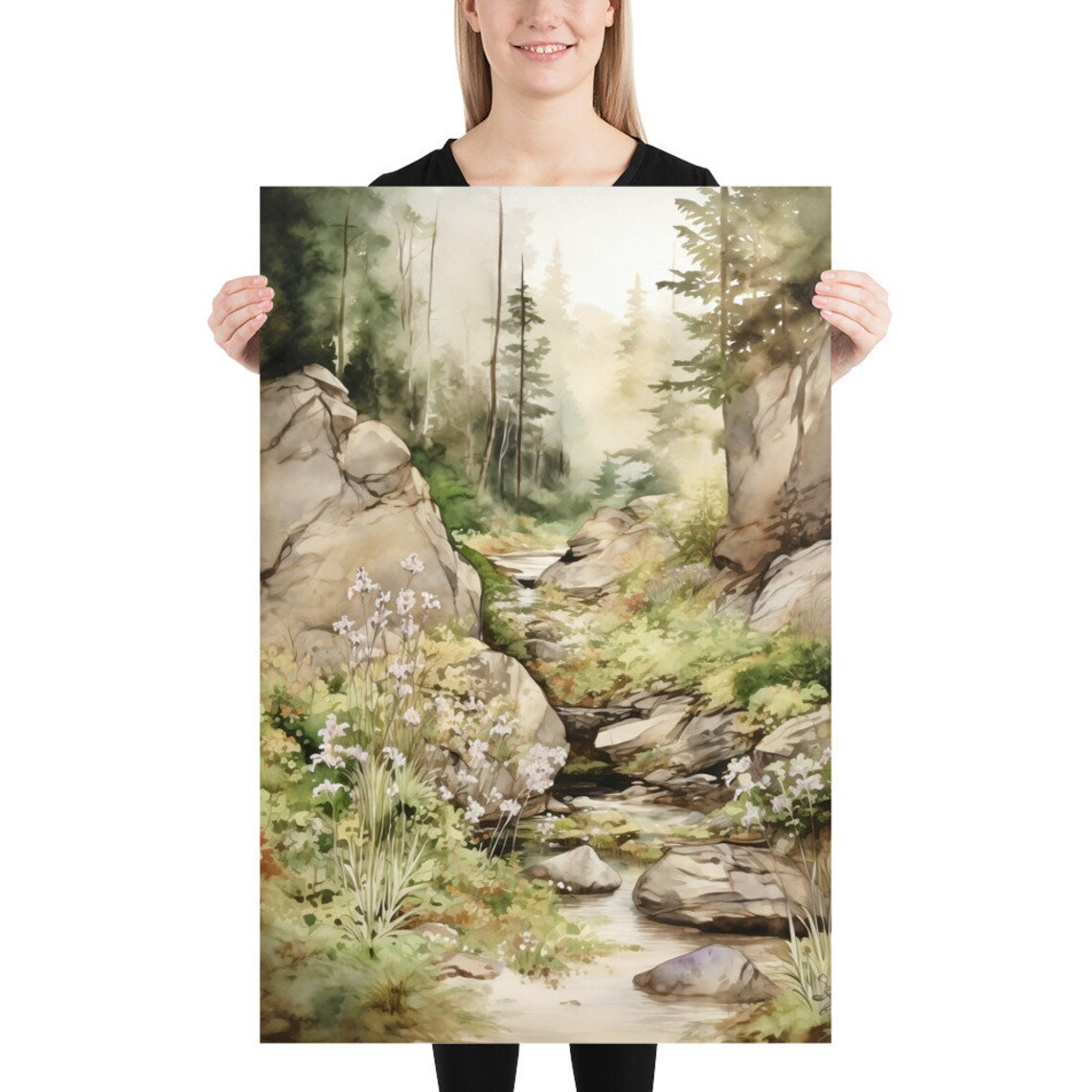 Sunlit Woodland Stream Flowing Through Rocky Ravine Watercolor Poster - Image 5