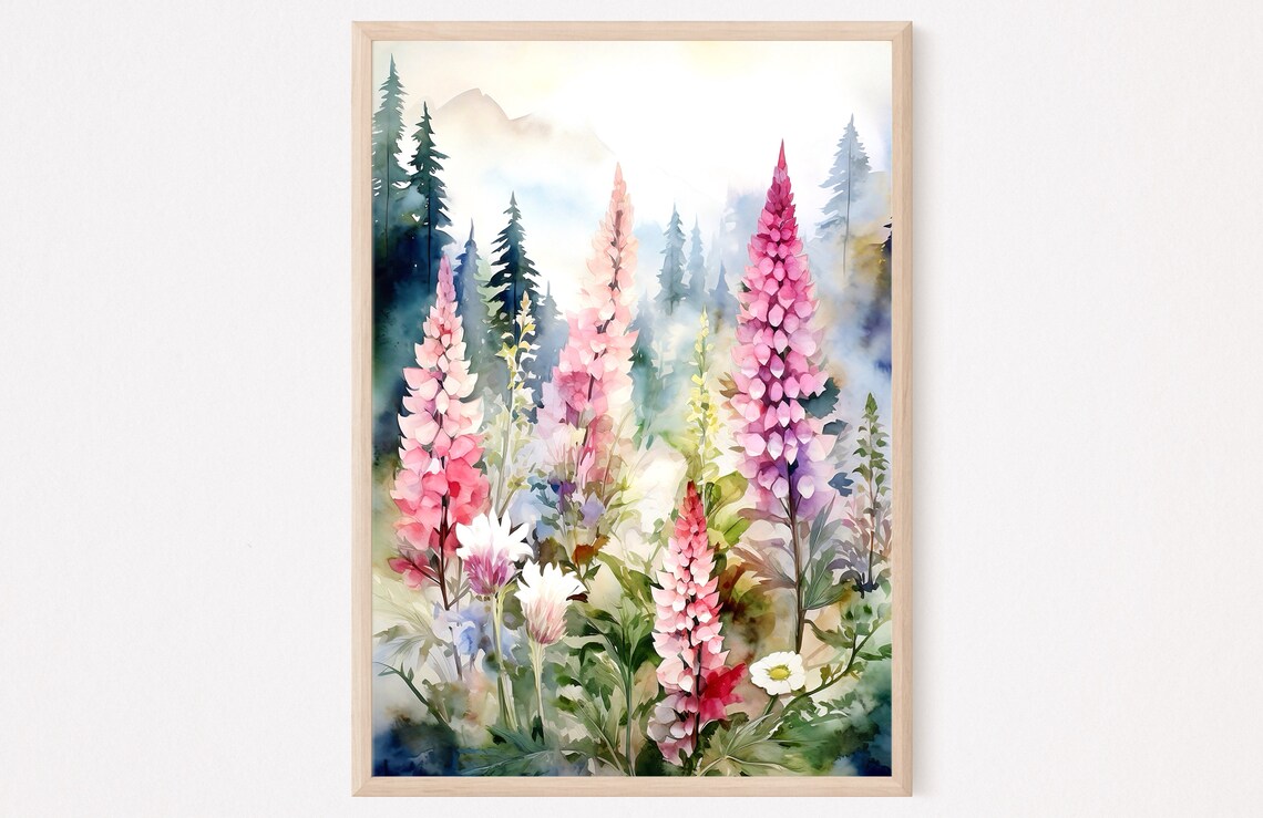 Tall Pink Foxglove Wildflower Spikes Misty Pine Forest Poster