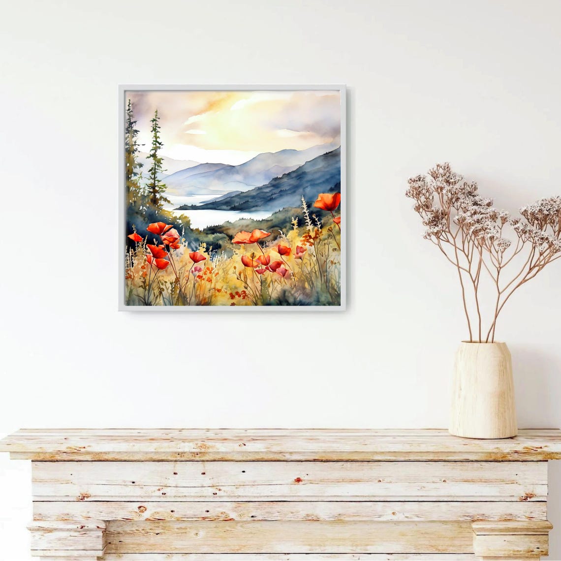 Orange Poppies and Pine Trees Over Mountain Lake Watercolor Poster - Image 2