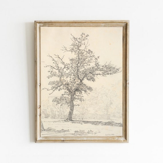 Vintage Tree Sketch, Neutral Landscape Art Print