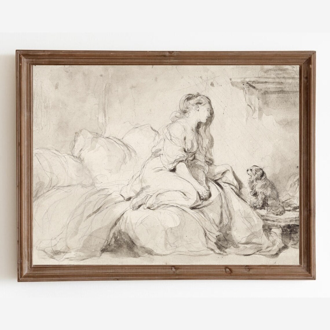 Woman And Dog Sketch Drawing Vintage Portrait Art Print
