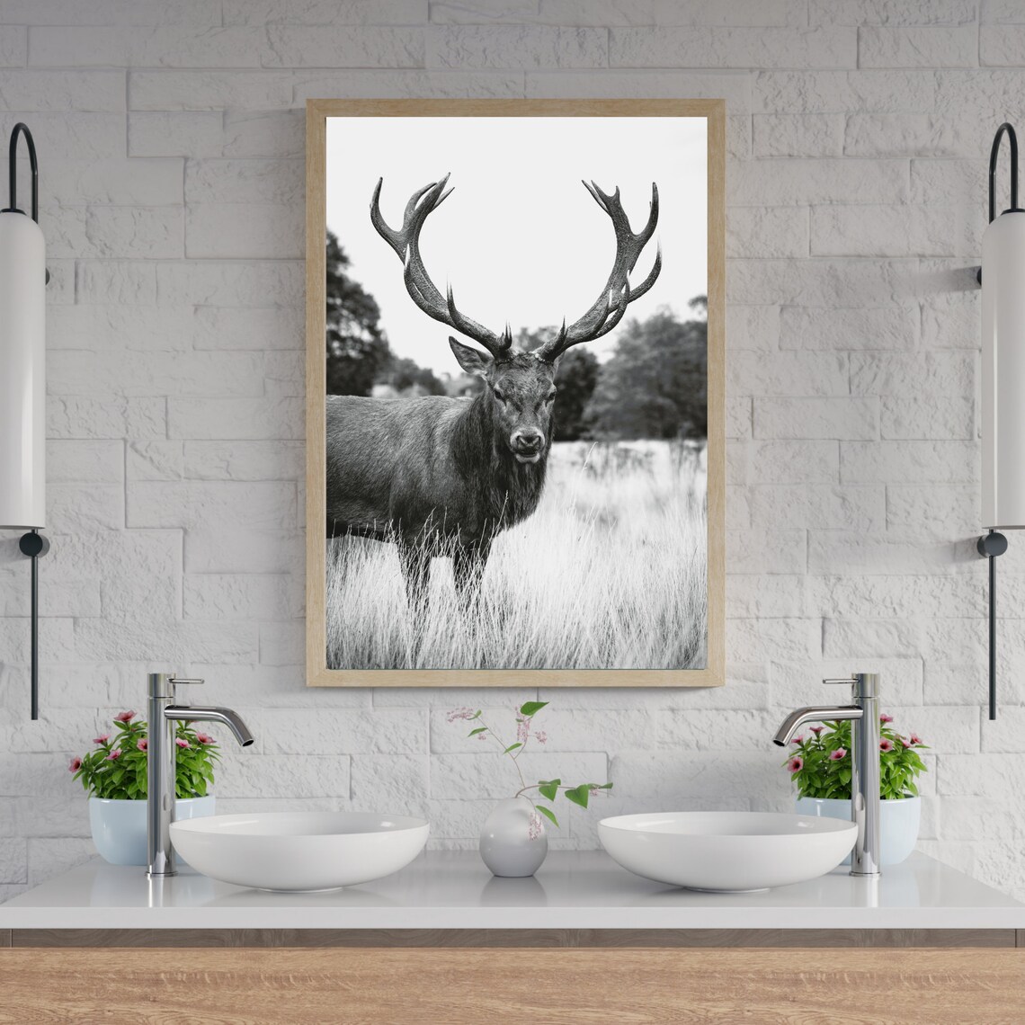 Black And White Stag Close Up Portrait Wildlife Photography Poster - Image 2