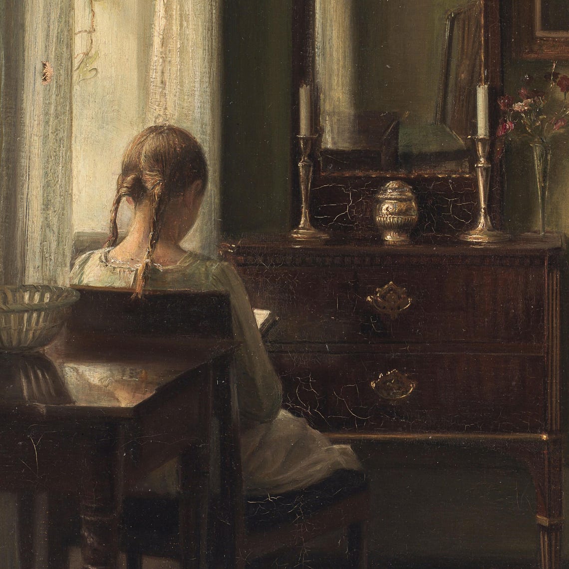 Young Girl Reading By A Window Quiet Vintage Interior Art Poster - Image 2