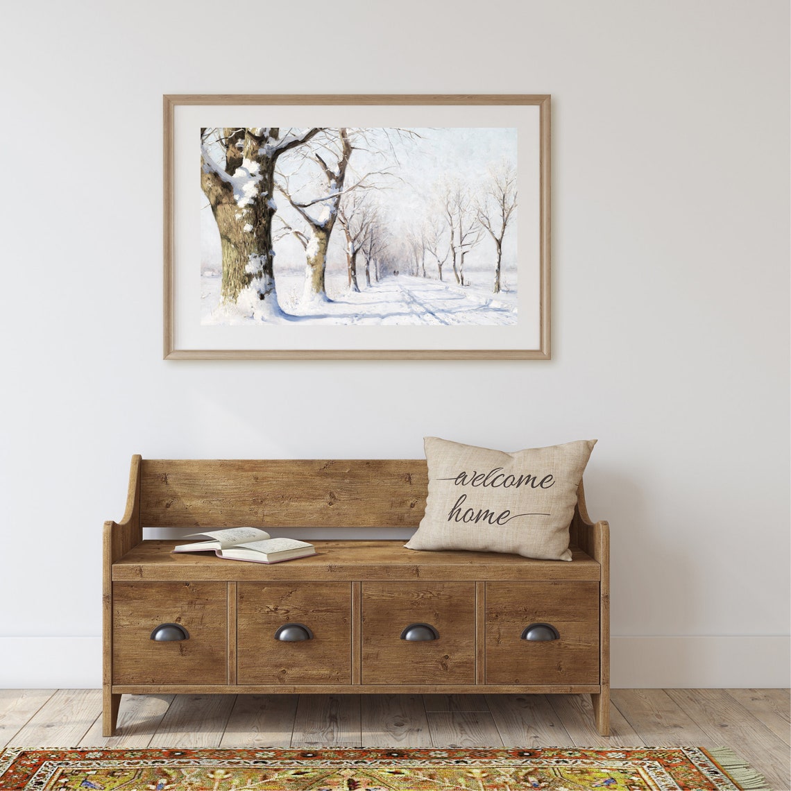 Snow Covered Tree Lined Road Winter Landscape Vintage Painting Poster - Image 2