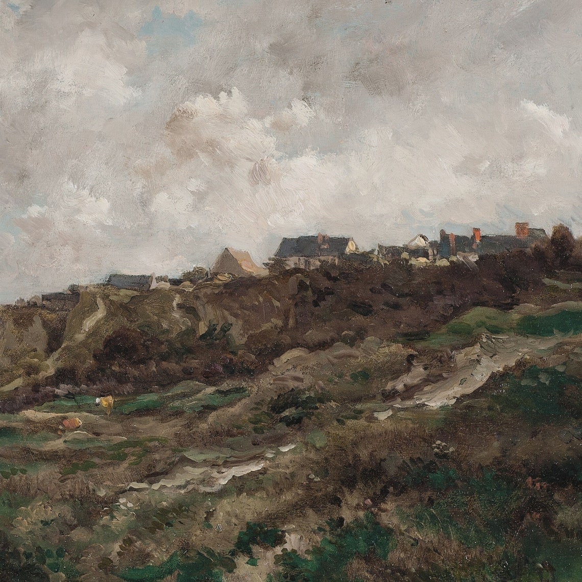 Vintage Coastal Cliff Village Oil Painting Rustic Seascape Wall Poster - Image 2