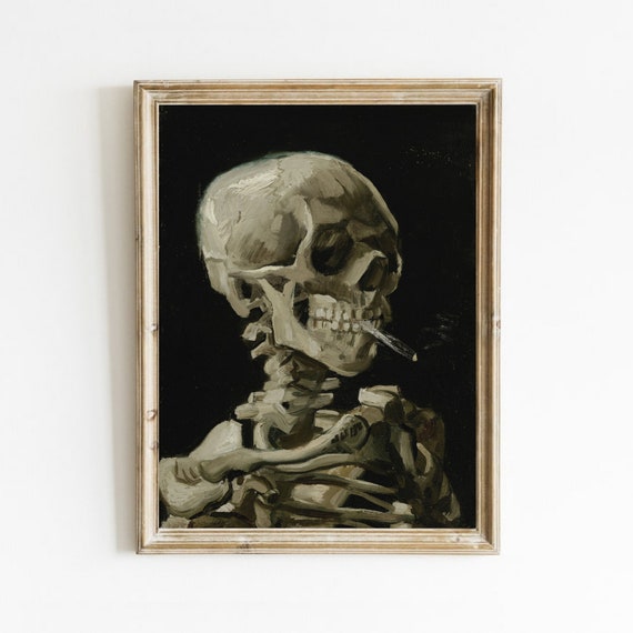 Skull With Burning Cigarette, Vintage Art Print