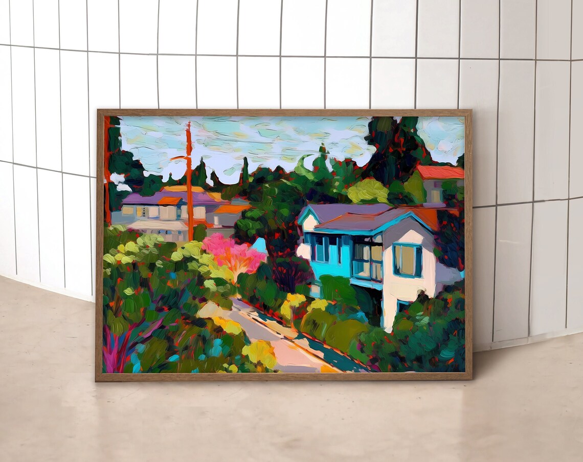 Colorful Hillside Neighborhood Houses Painting Art Decor Poster