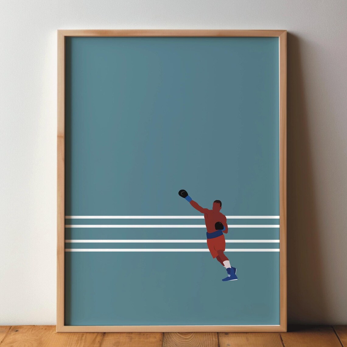 Minimalist Boxer in Teal Ring Retro Boxing Sports Art Poster