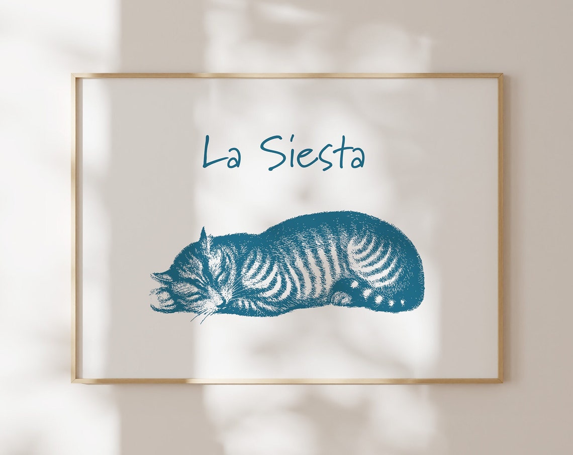 La Siesta Sleeping Cat Blue Vintage Funny Cat Illustration Poster