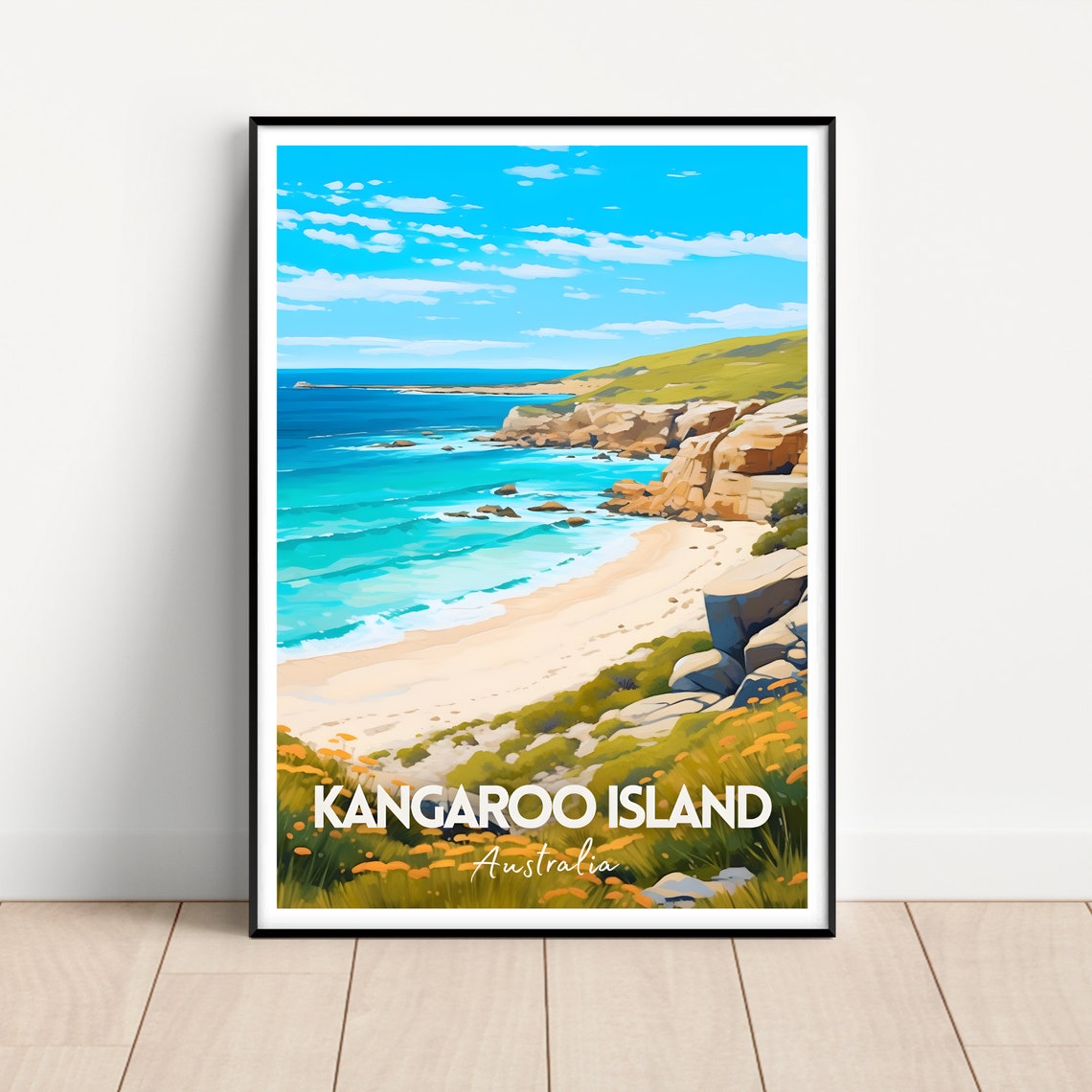 Kangaroo Island Australia Sandy Beach Rocky Cliffs Travel Poster