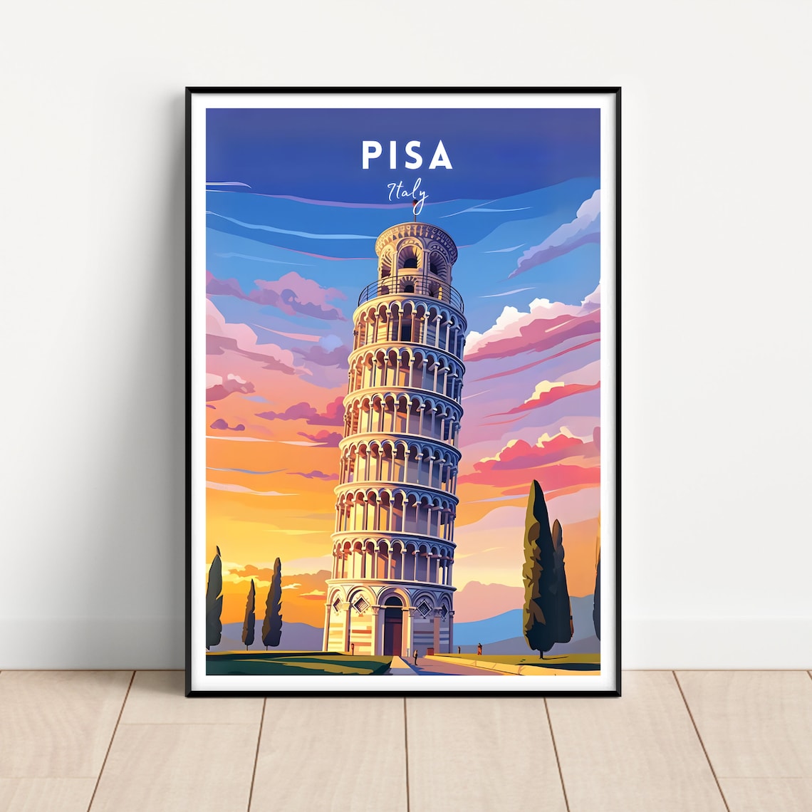 Pisa Italy Leaning Tower Tuscan Sunset Vintage Retro Travel Poster