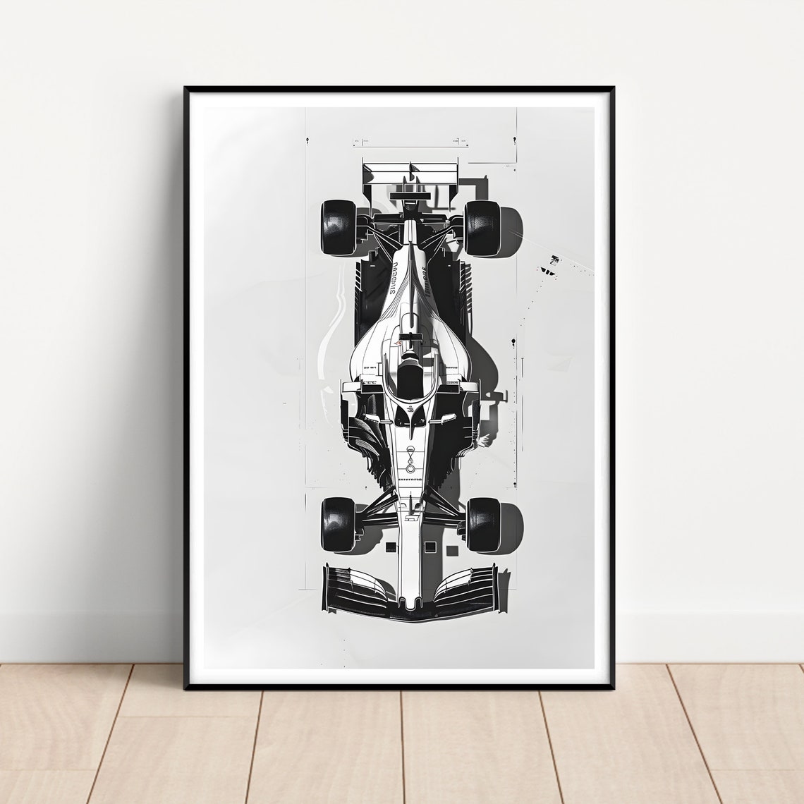 Formula One Race Car Top Down Black White Minimalist Poster Art