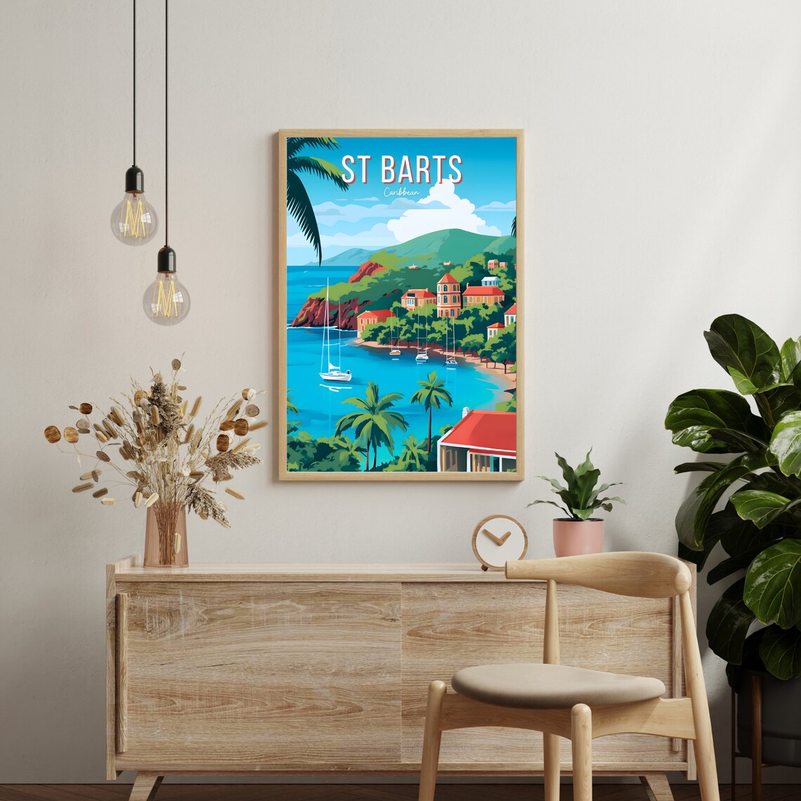 St Barts Caribbean Sailboat Bay Red Roof Village Sunset Travel Poster - Image 2