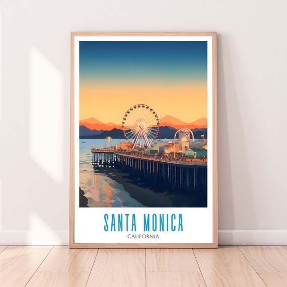 Santa Monica California Sunset Pier Ferris Wheel Retro Travel Poster