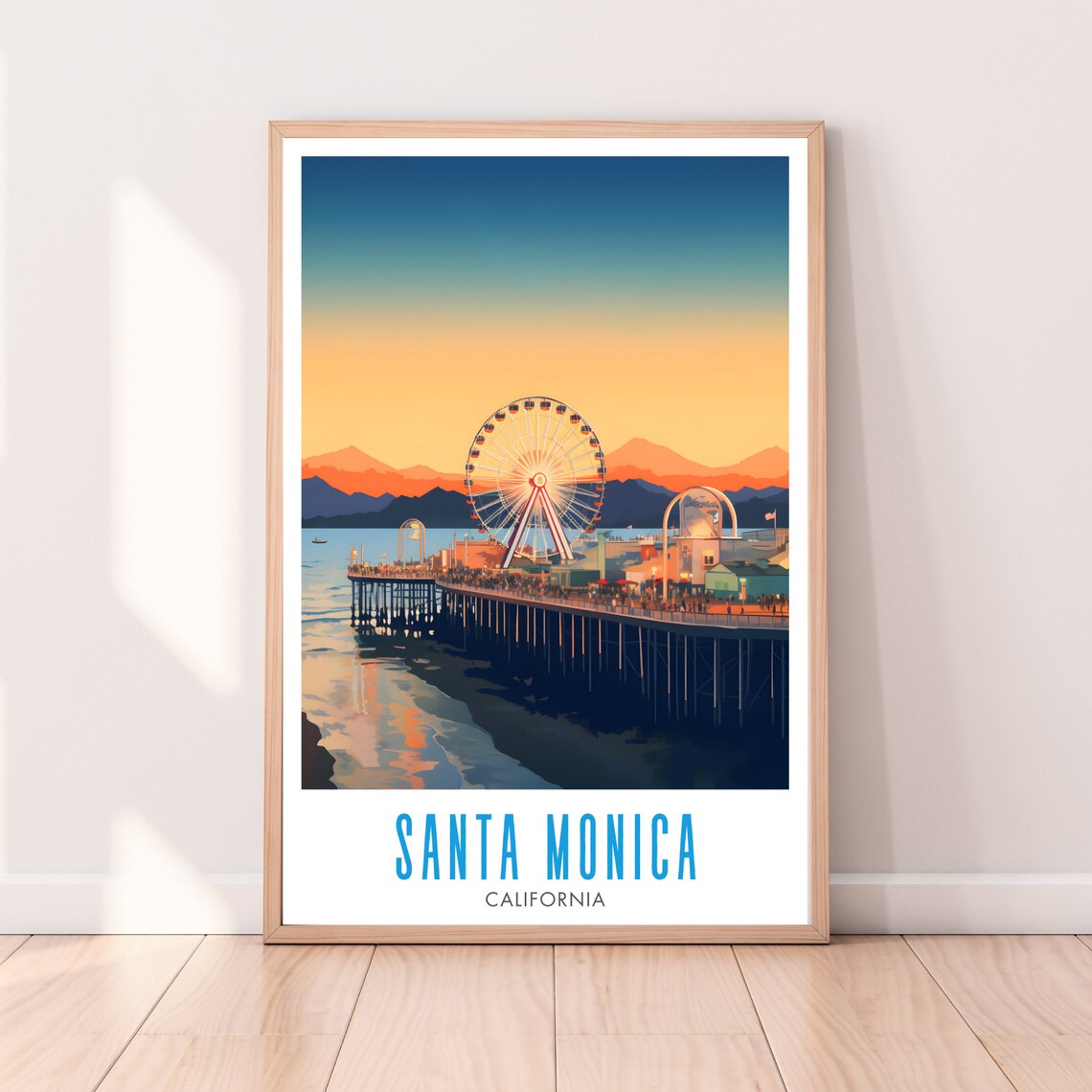 Santa Monica California Sunset Pier Ferris Wheel Retro Travel Poster