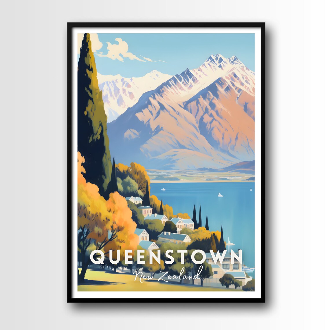 Queenstown New Zealand Autumn Village Lake Snow Peak Travel Poster