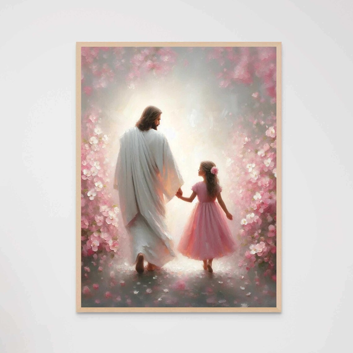 Jesus And Girl Walking Into Bright Light Pink Blossom Path Christian Poster - Image 7