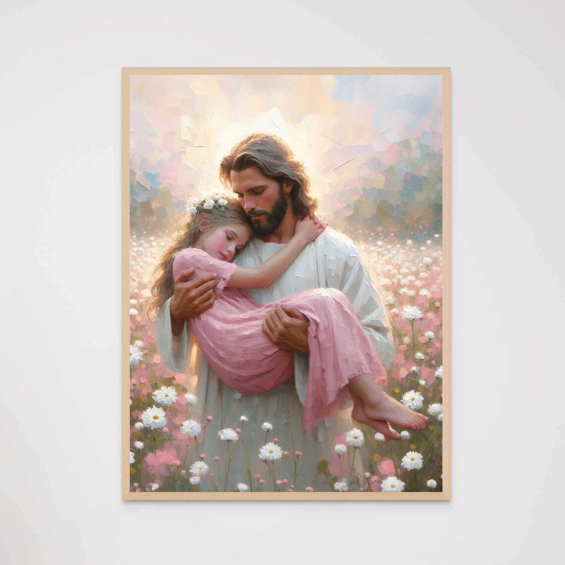 Jesus Carrying Little Girl Through White Daisy Field Christian Poster - Image 7