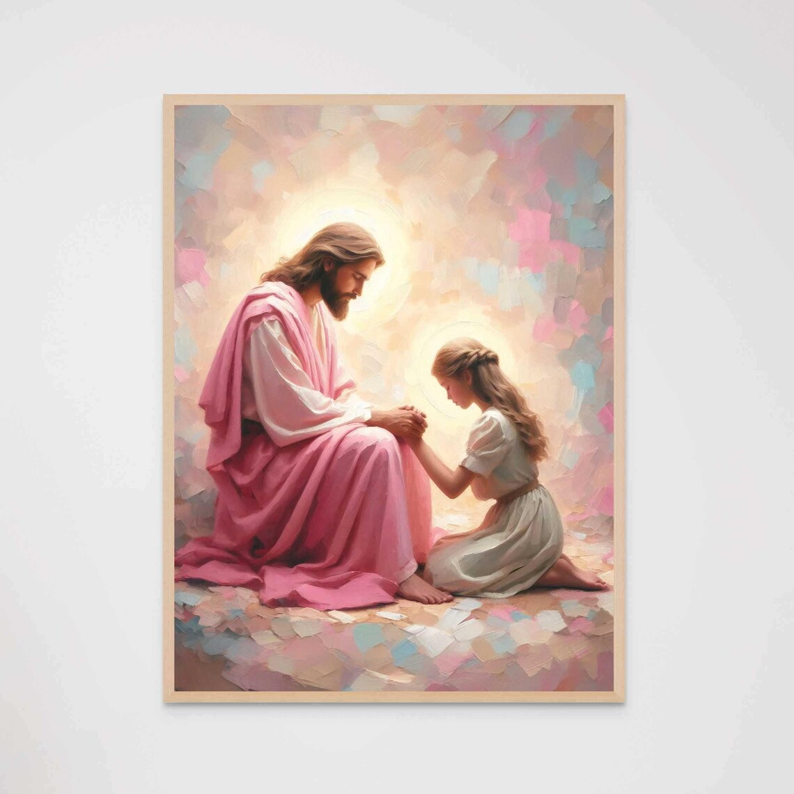 Jesus Holding Praying Girls Hands Kneeling Pastel Glow Christian Poster
