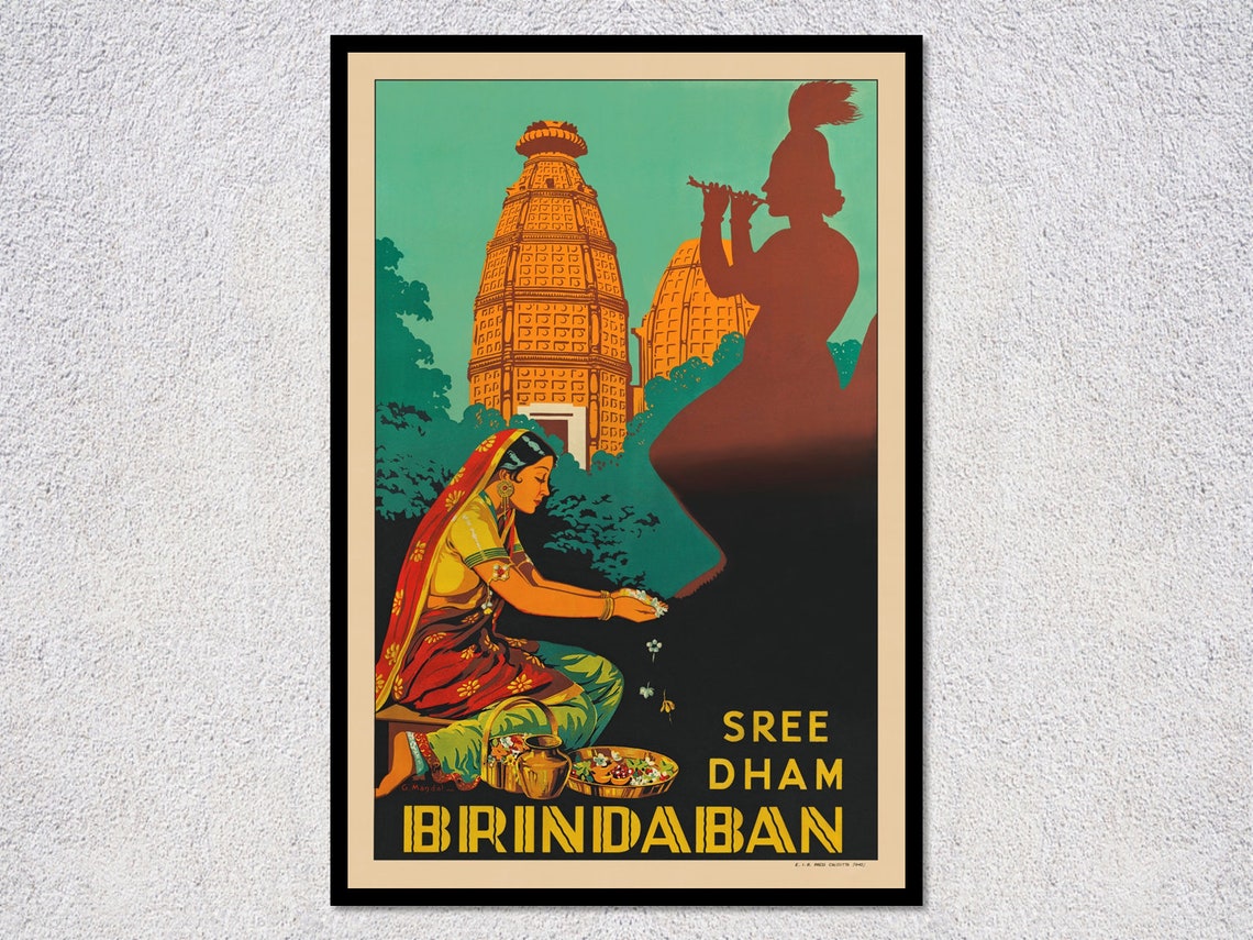 Sree Dham Brindaban India Vintage Krishna Temple Pilgrimage Poster