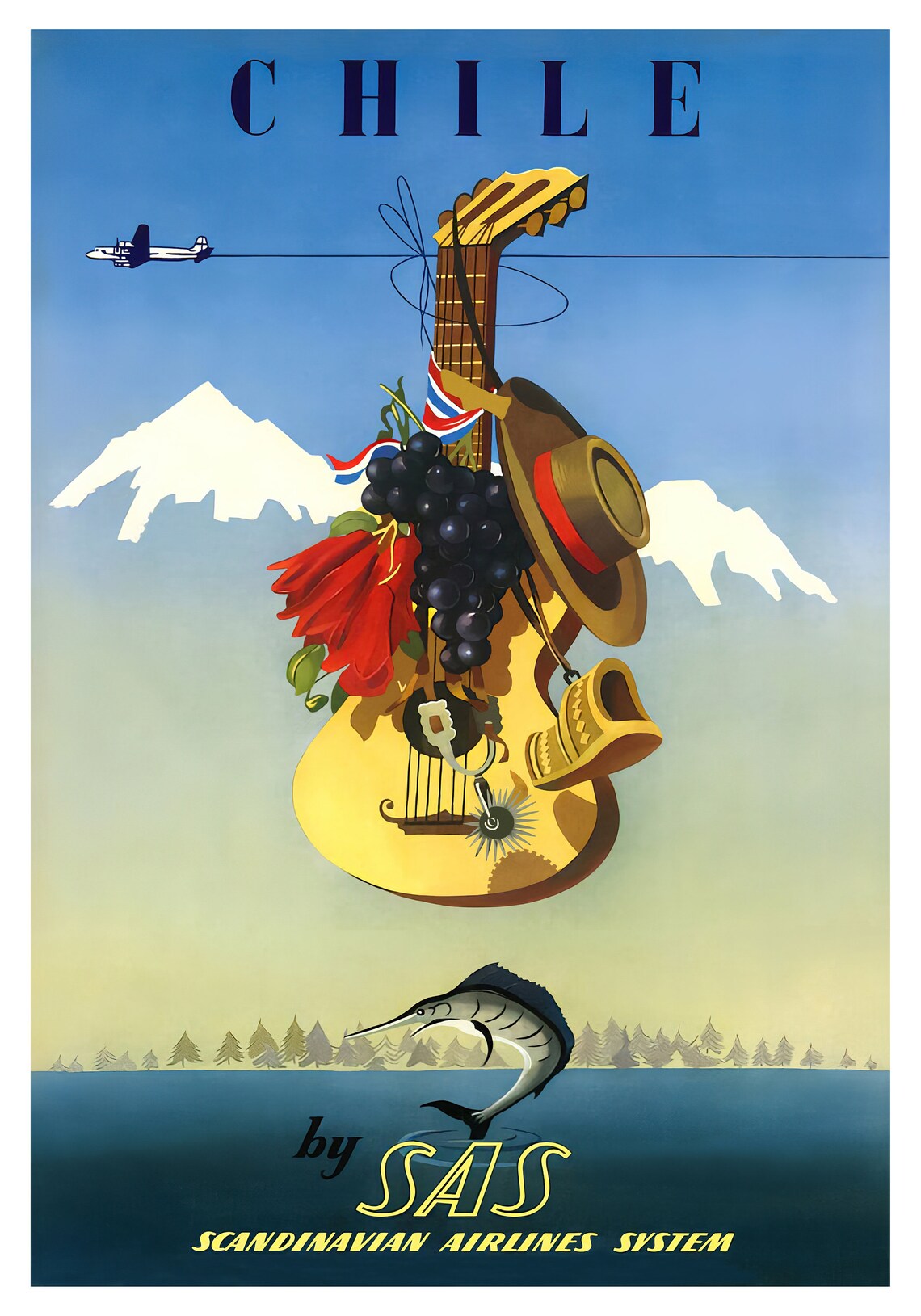 Chile Vintage Travel Poster, Retro Art Deco Print