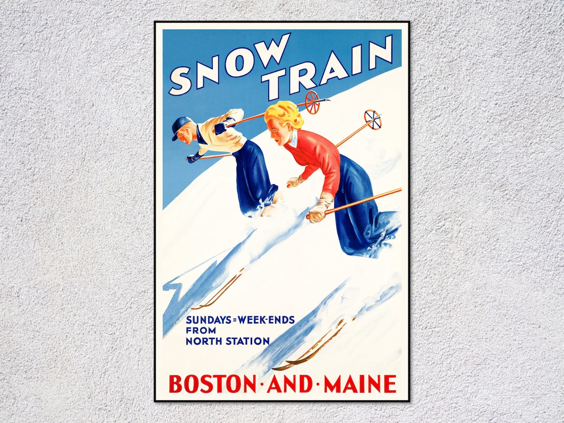 Vintage Maine Central Train in Snow, Railway Art Print