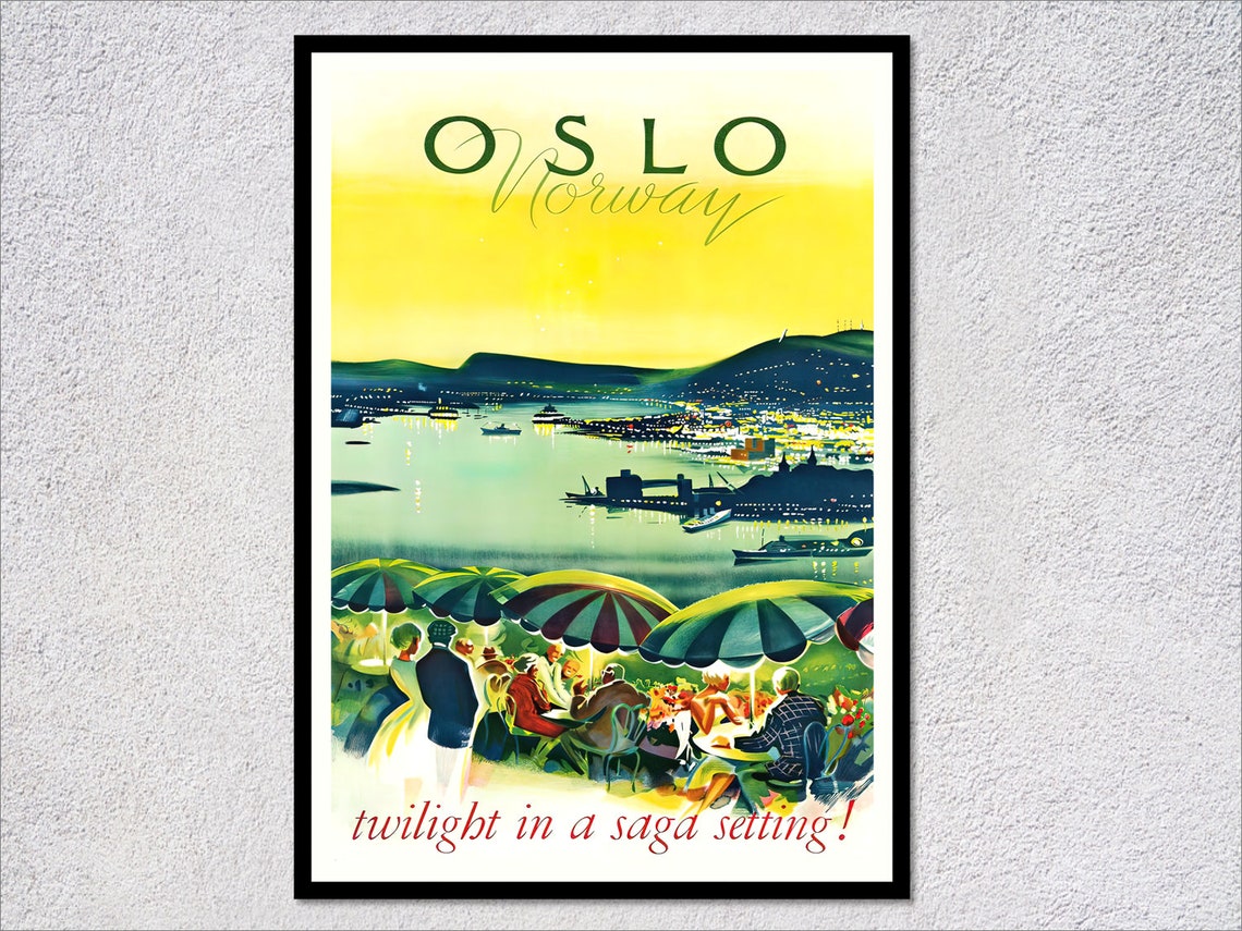 Oslo Norway Twilight Fjord Harbor Vintage Scandinavian Travel Poster