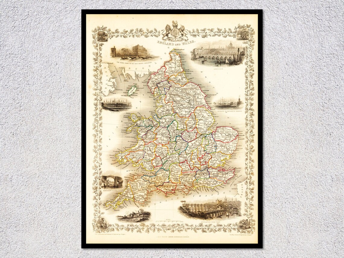 England & Wales 1851 Vintage Style Map Poster