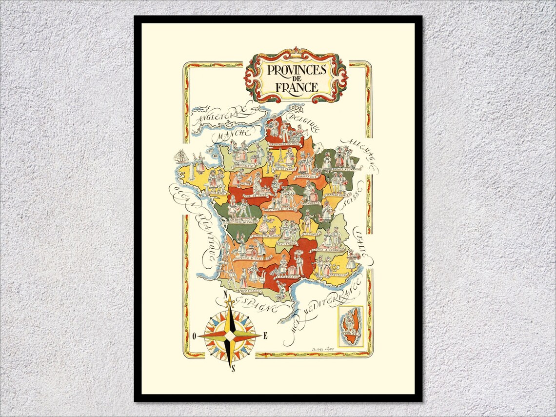Provinces De France Vintage Map, Historical Regions Art Print
