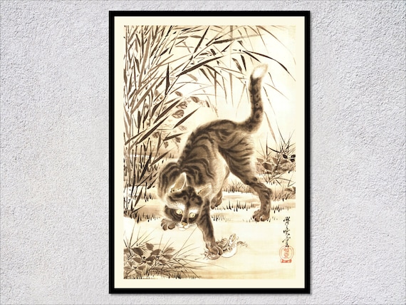 Kawanabe Kyosai Cat Catching Frog Print Pouncing Tabby Ink Wash Animal Art