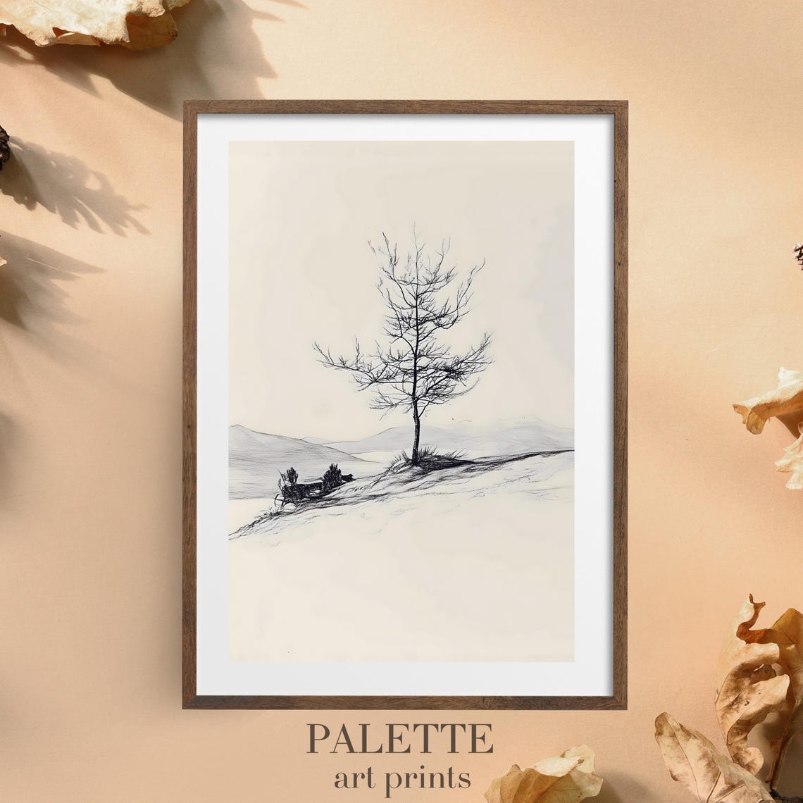 Lone Bare Tree on a Snowy Ridge Minimal Pencil Sketch Wall Art - Image 3