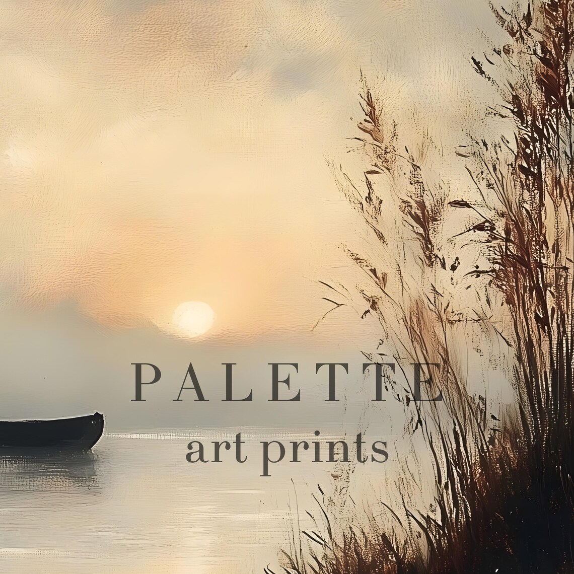Lone Boat Misty Lake Sunrise Reeds Serene Waterscape Painting Poster - Image 2