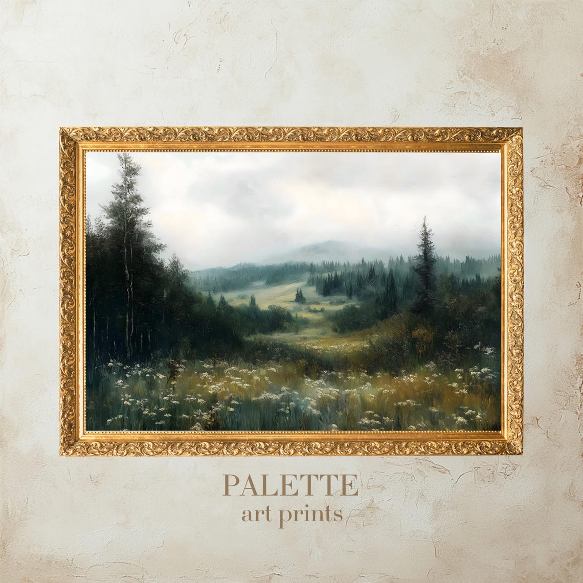 Misty Pine Forest Meadow Tranquil Foggy Woodland Landscape Poster