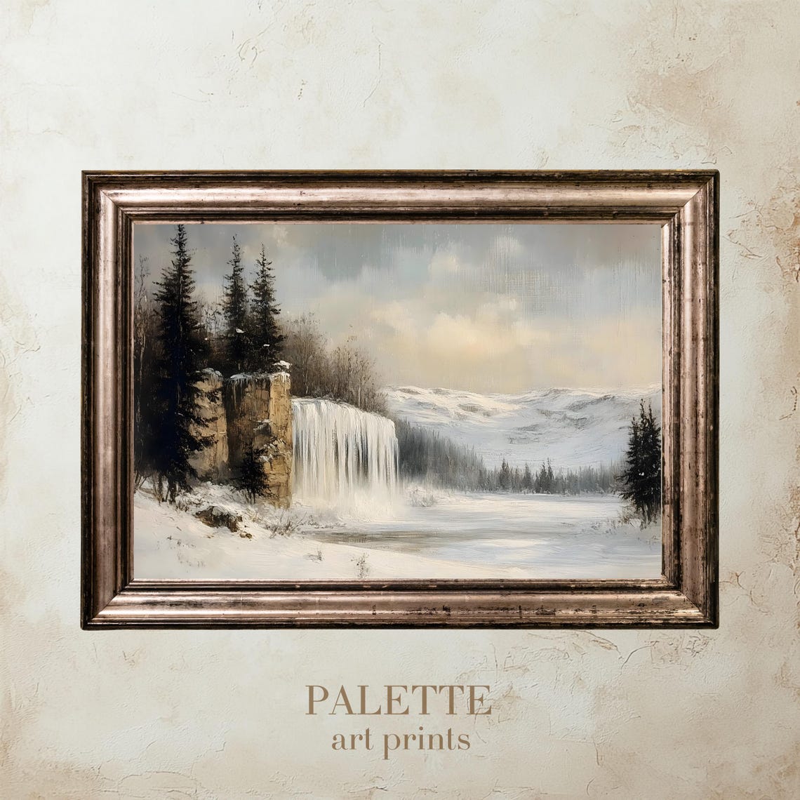 Majestic Frozen Waterfall in Snowy Forest Winter Oil Painting Poster