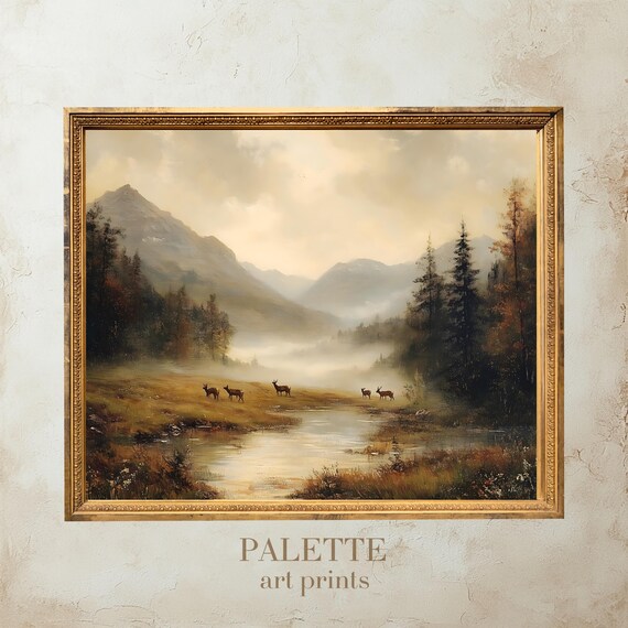 Deer Grazing Golden Meadow Misty Mountains Vintage Wildlife Poster