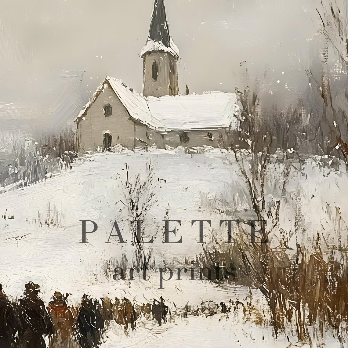 Snowy Path to Village Church Winter Gathering Painting Poster - Image 2