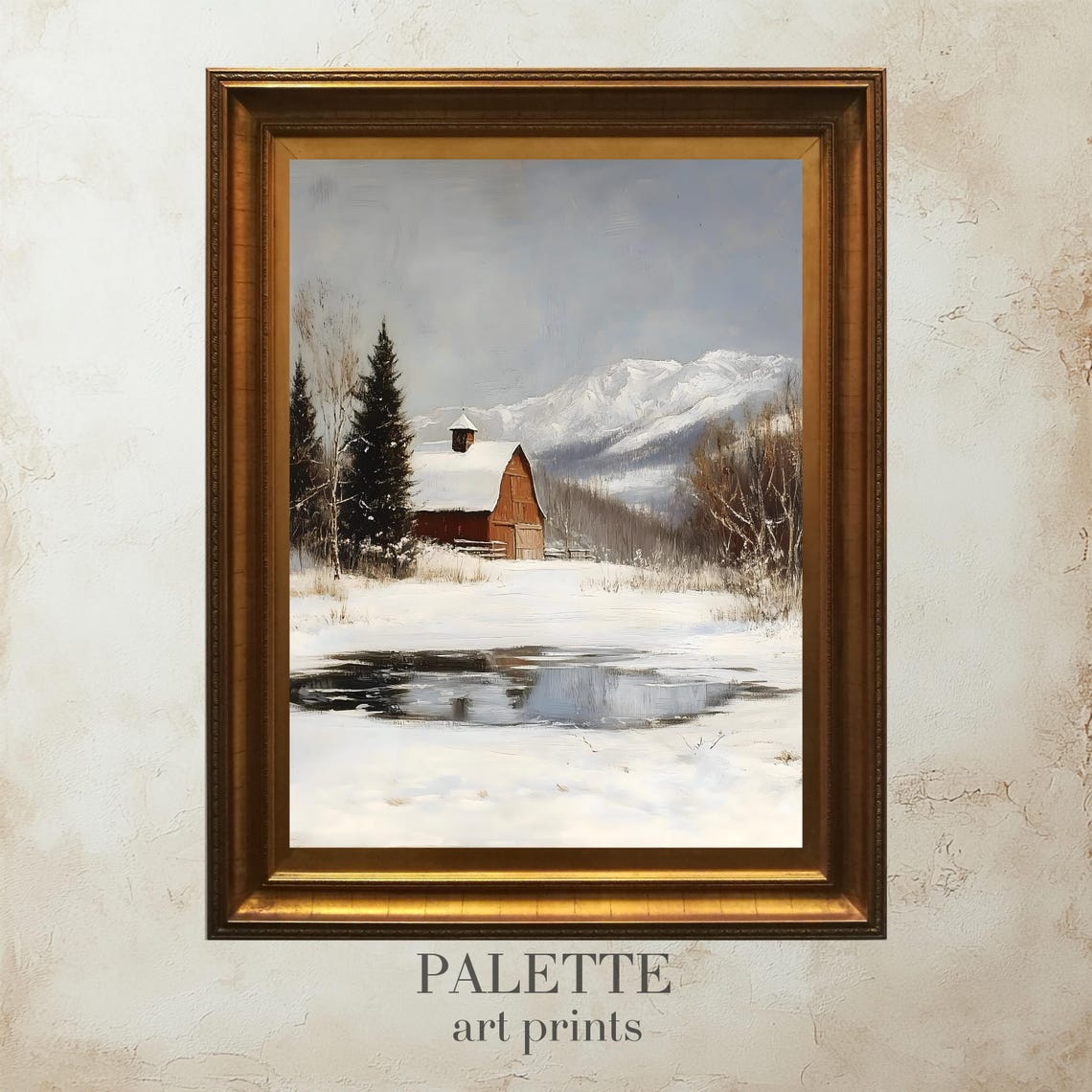 Red Barn Snowy Field Mountain View Frozen Pond Winter Painting Poster