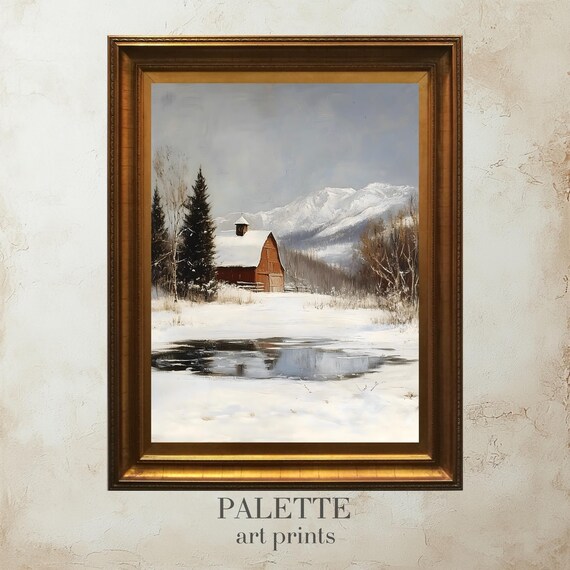Red Barn Snowy Field Mountain View Frozen Pond Winter Painting Poster