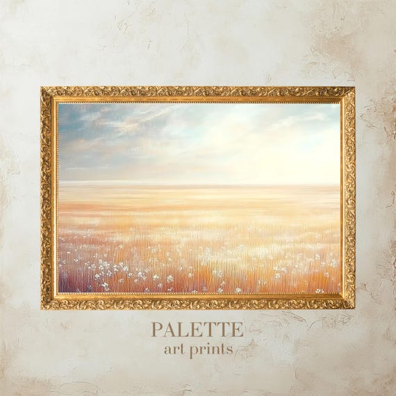 Vintage Pastel Field Under Soft Sky Serene Oil Painting Landscape Minimal Nature Art Print For Light And Calm Home Decor Lnd034