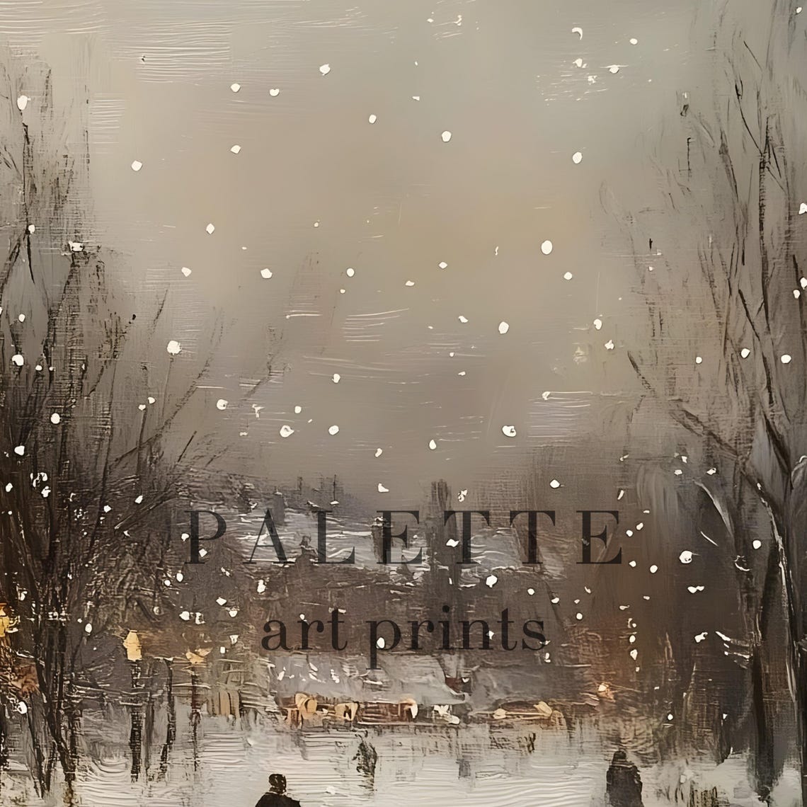 Snowy Winter Village Street Glowing Lamps Evening Scene Wall Art - Image 2