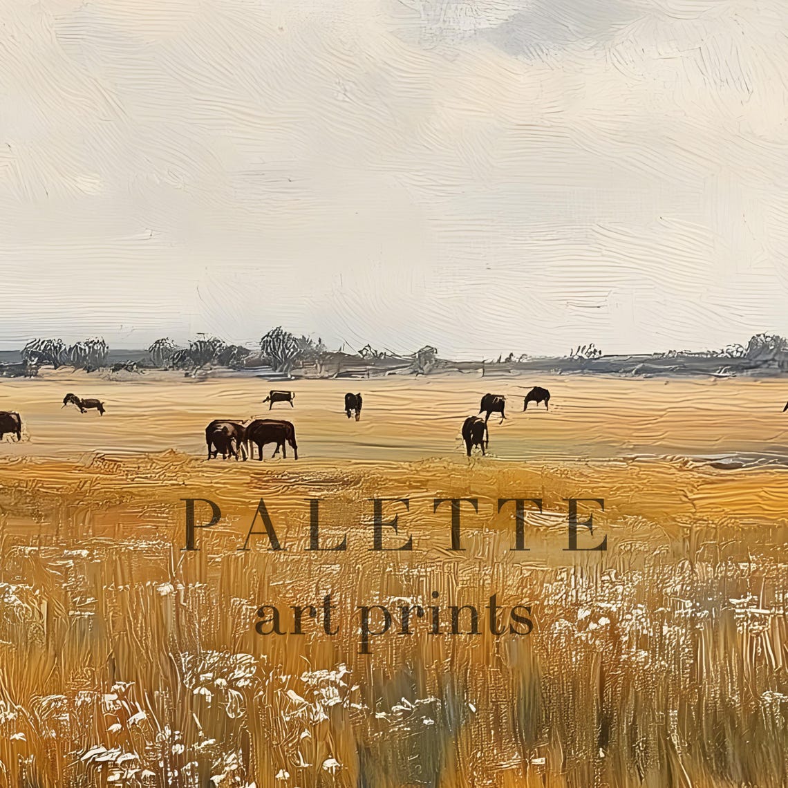 Golden Meadow Stream Cattle Grazing Rustic Pastoral Art Print - Image 2