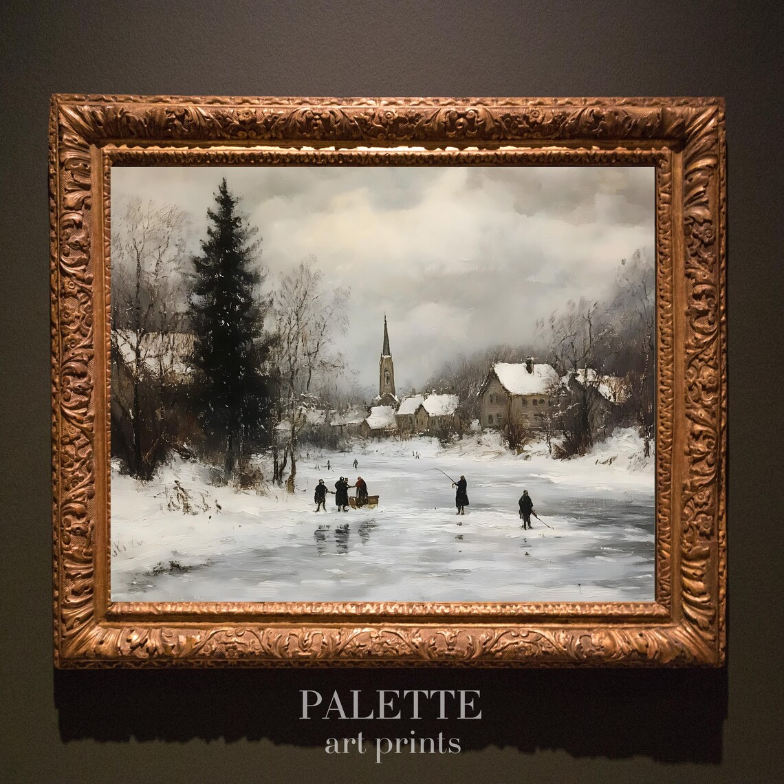 Ice Fishing on Frozen River Winter Village Church Scene Poster - Image 2