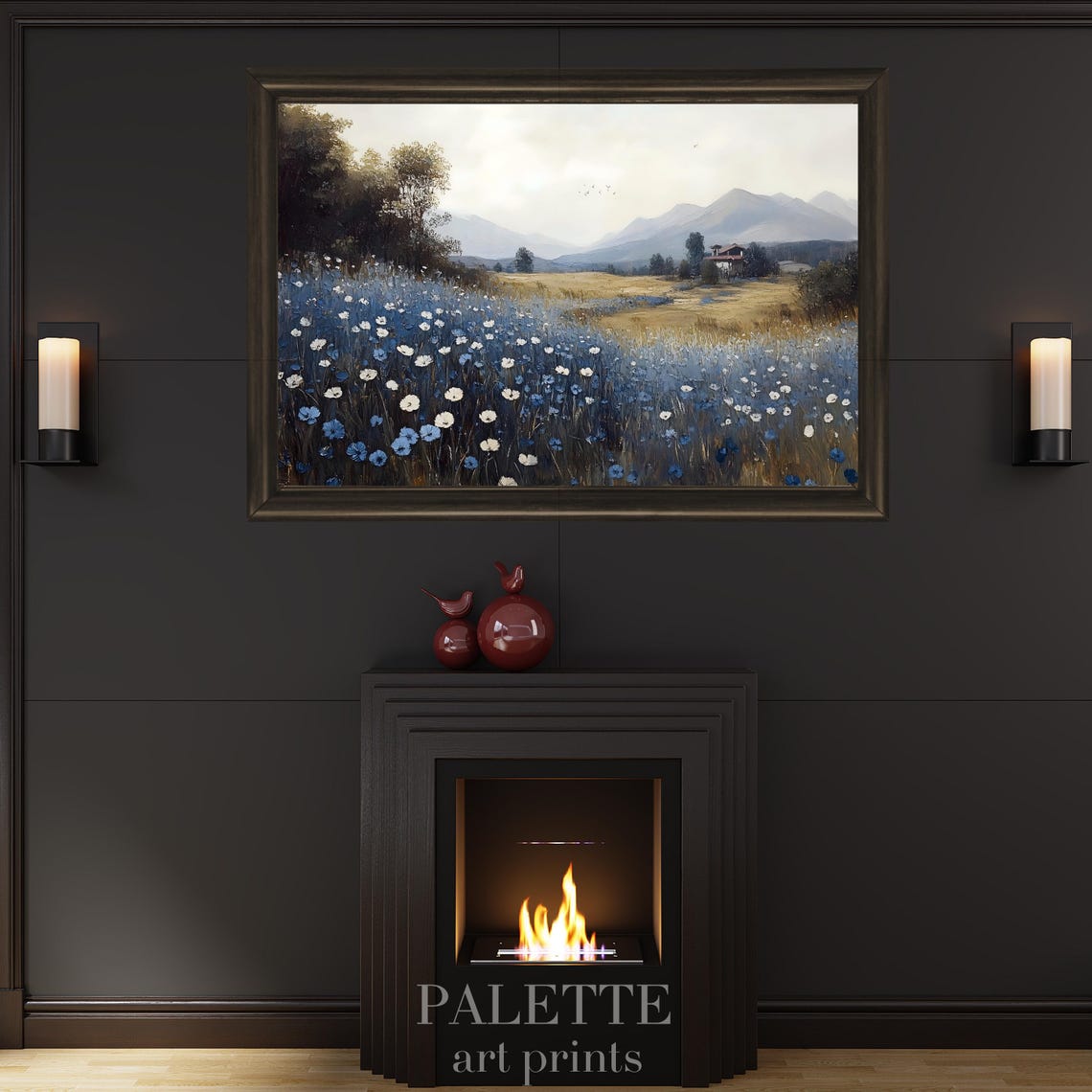 Blue Wildflower Meadow Mountain Farmhouse Cloudy Sky Wall Art - Image 3