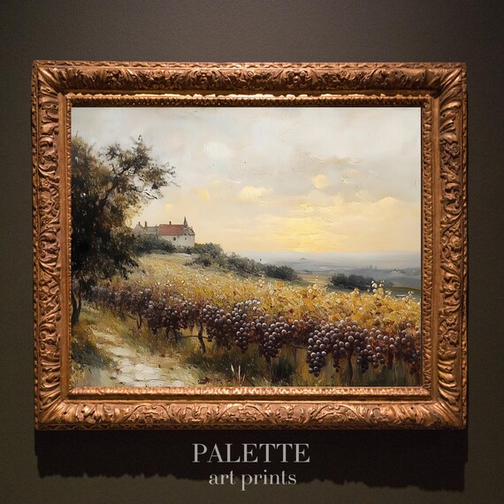 Golden Hour Vineyard Farmhouse Warm Harvest Landscape Painting Poster