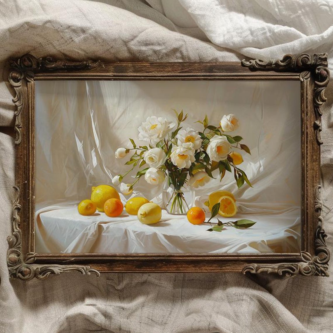 White Peonies and Lemons Summer Still Life Kitchen Wall Poster