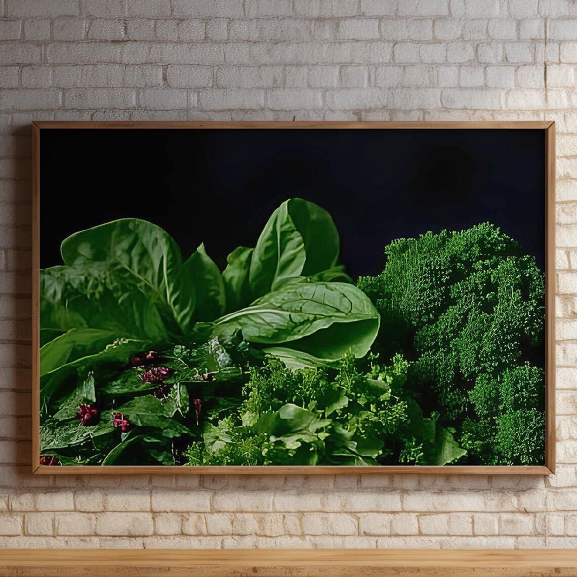 Fresh Green Leafy Vegetables Photography Dark Background Kitchen Art Print