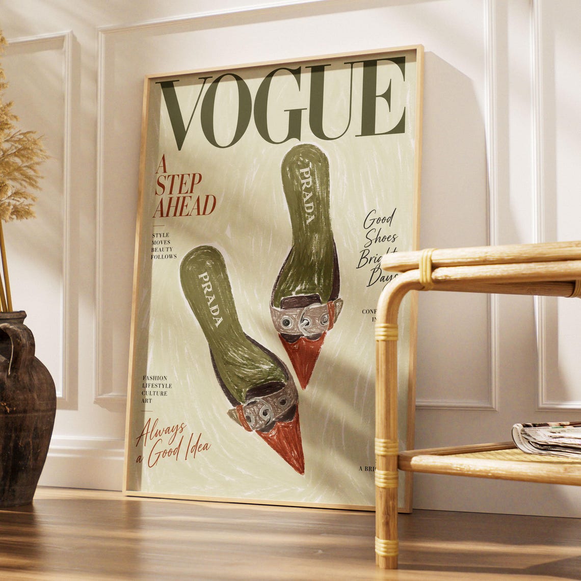 Vintage Vogue Poster Designer Buckled Mules Fashion Sketch Print Olive Green Magazine Cover Trendy Closet Wall Art Decor - Image 6