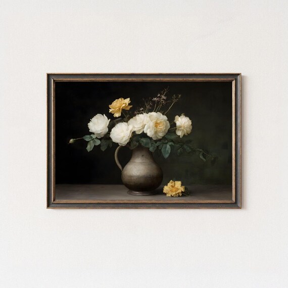 White Roses in Rustic Ceramic Jug Dark Floral Oil Painting Print