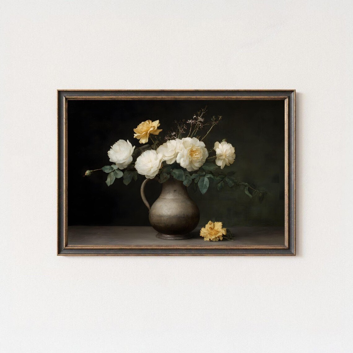 White Roses in Rustic Ceramic Jug Dark Floral Oil Painting Print